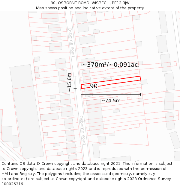 90, OSBORNE ROAD, WISBECH, PE13 3JW: Plot and title map