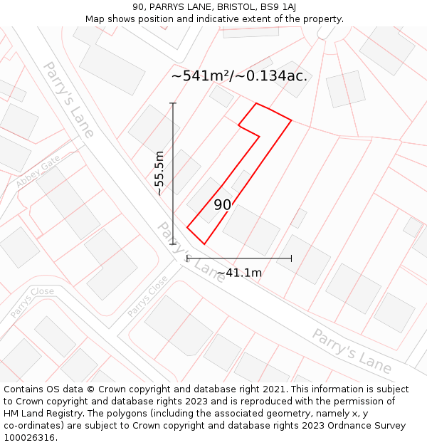 90, PARRYS LANE, BRISTOL, BS9 1AJ: Plot and title map