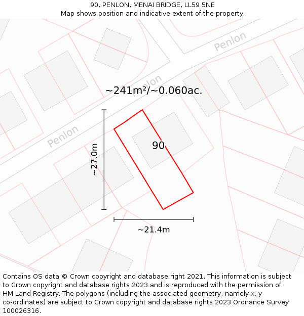 90, PENLON, MENAI BRIDGE, LL59 5NE: Plot and title map