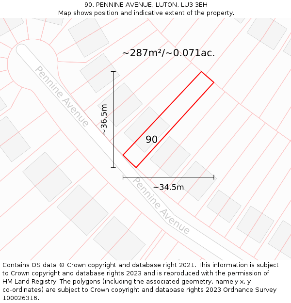 90, PENNINE AVENUE, LUTON, LU3 3EH: Plot and title map