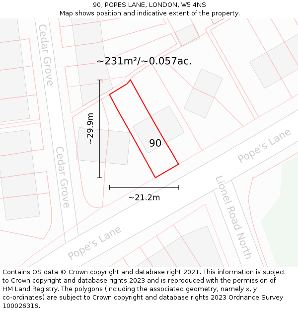 90, POPES LANE, LONDON, W5 4NS: Plot and title map