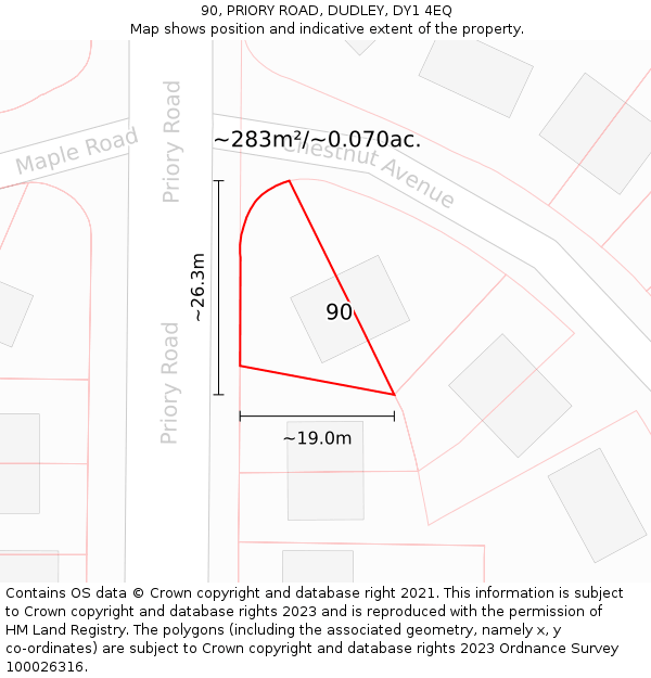 90, PRIORY ROAD, DUDLEY, DY1 4EQ: Plot and title map