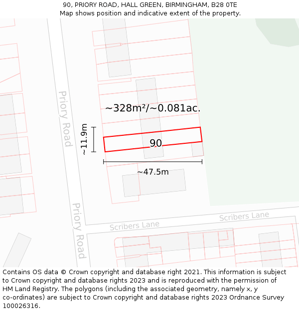 90, PRIORY ROAD, HALL GREEN, BIRMINGHAM, B28 0TE: Plot and title map