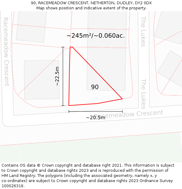 90, RACEMEADOW CRESCENT, NETHERTON, DUDLEY, DY2 0DX: Plot and title map