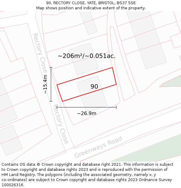 90, RECTORY CLOSE, YATE, BRISTOL, BS37 5SE: Plot and title map