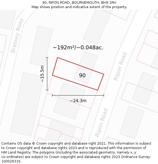 90, RIPON ROAD, BOURNEMOUTH, BH9 1RH: Plot and title map