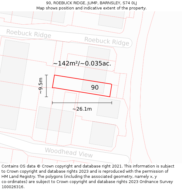 90, ROEBUCK RIDGE, JUMP, BARNSLEY, S74 0LJ: Plot and title map