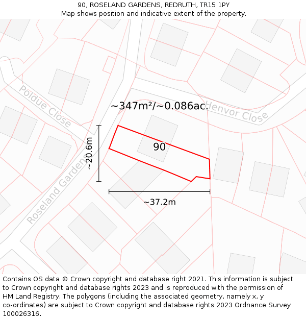 90, ROSELAND GARDENS, REDRUTH, TR15 1PY: Plot and title map