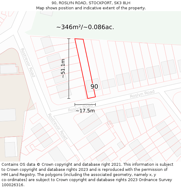 90, ROSLYN ROAD, STOCKPORT, SK3 8LH: Plot and title map