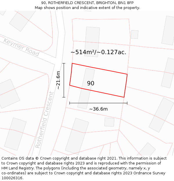 90, ROTHERFIELD CRESCENT, BRIGHTON, BN1 8FP: Plot and title map