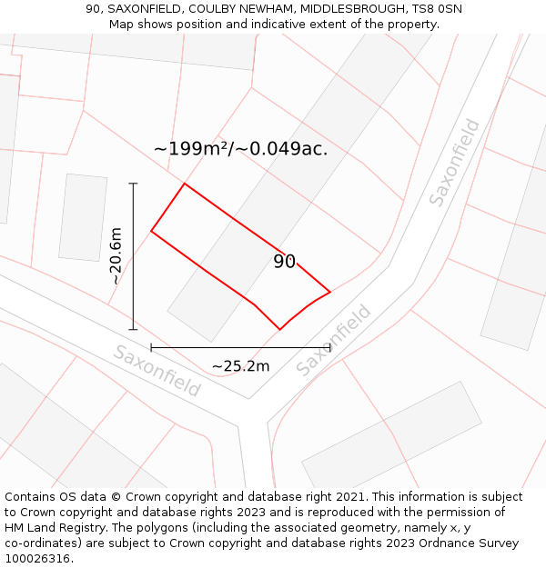 90, SAXONFIELD, COULBY NEWHAM, MIDDLESBROUGH, TS8 0SN: Plot and title map