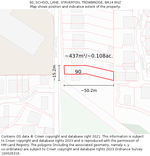 90, SCHOOL LANE, STAVERTON, TROWBRIDGE, BA14 6NZ: Plot and title map