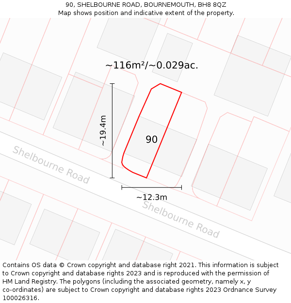 90, SHELBOURNE ROAD, BOURNEMOUTH, BH8 8QZ: Plot and title map