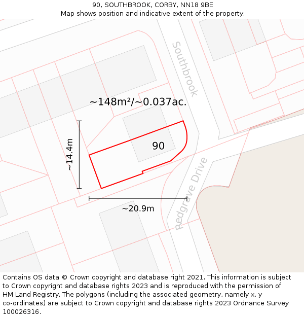 90, SOUTHBROOK, CORBY, NN18 9BE: Plot and title map