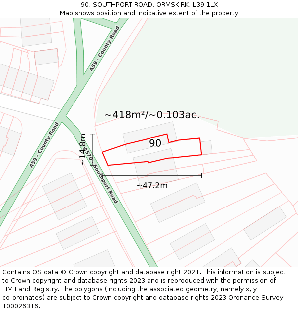 90, SOUTHPORT ROAD, ORMSKIRK, L39 1LX: Plot and title map