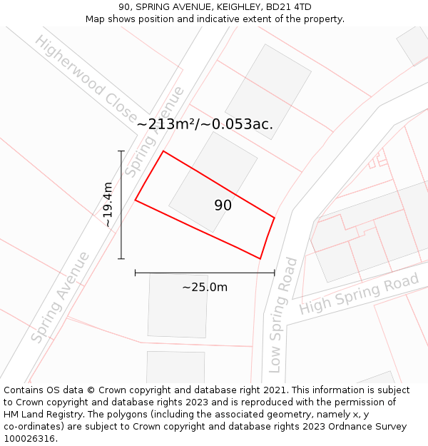 90, SPRING AVENUE, KEIGHLEY, BD21 4TD: Plot and title map