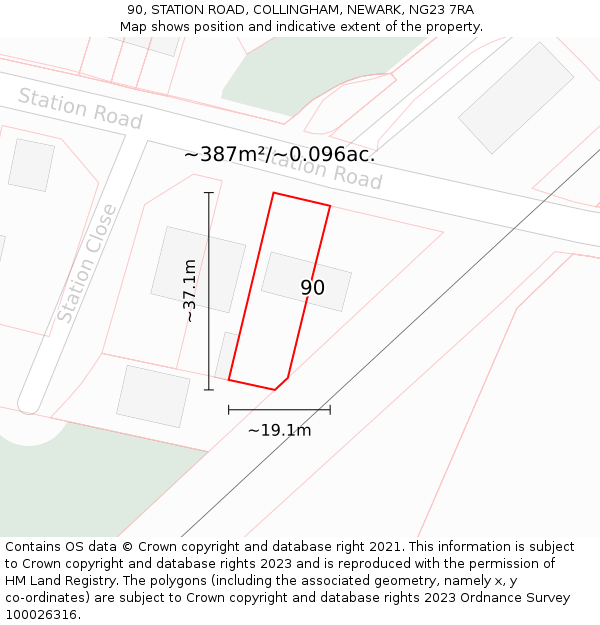 90, STATION ROAD, COLLINGHAM, NEWARK, NG23 7RA: Plot and title map