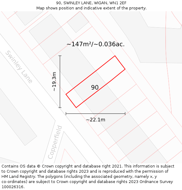 90, SWINLEY LANE, WIGAN, WN1 2EF: Plot and title map