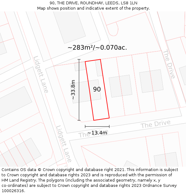 90, THE DRIVE, ROUNDHAY, LEEDS, LS8 1LN: Plot and title map