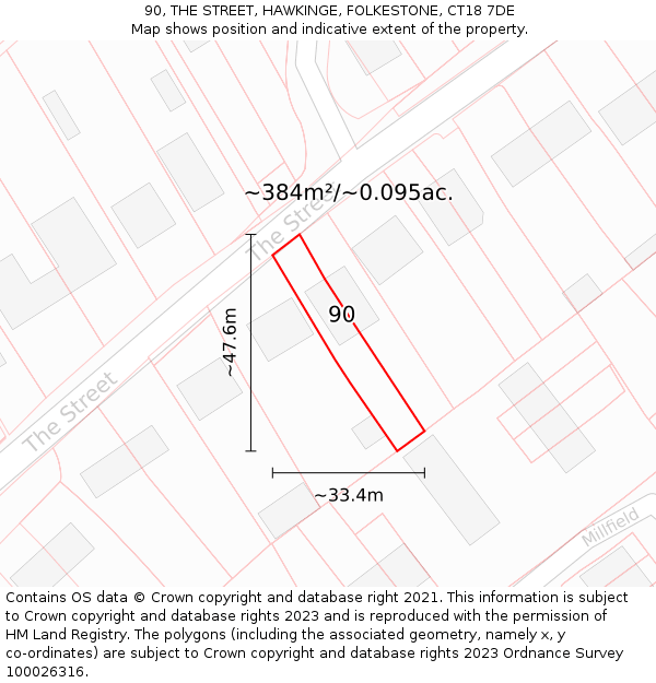 90, THE STREET, HAWKINGE, FOLKESTONE, CT18 7DE: Plot and title map