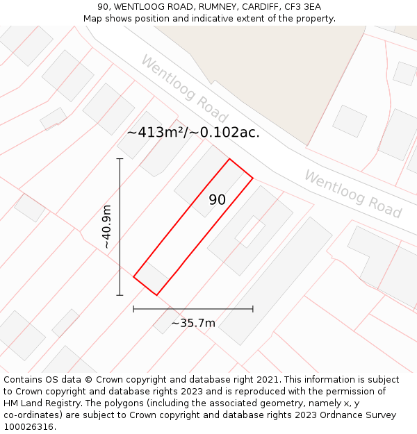 90, WENTLOOG ROAD, RUMNEY, CARDIFF, CF3 3EA: Plot and title map