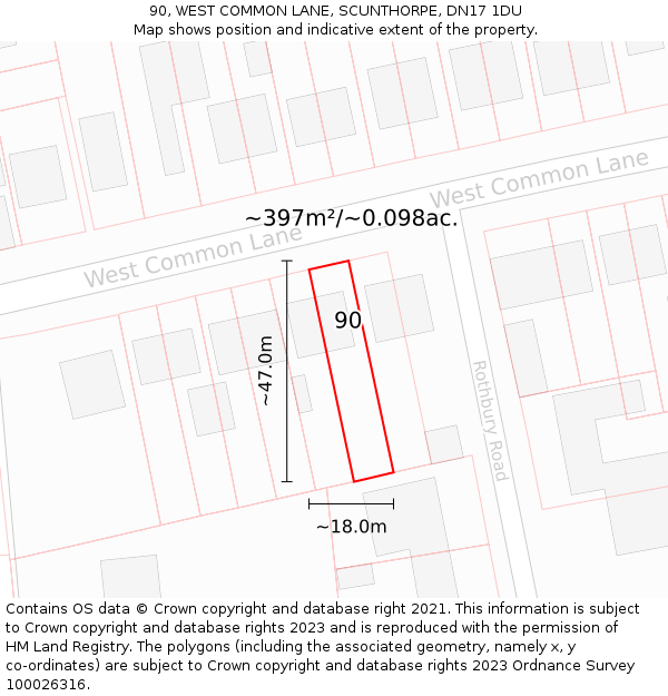 90, WEST COMMON LANE, SCUNTHORPE, DN17 1DU: Plot and title map