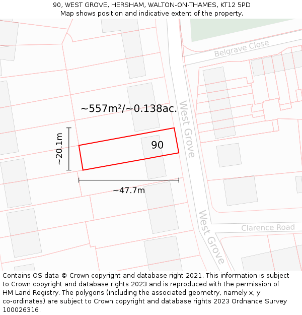 90, WEST GROVE, HERSHAM, WALTON-ON-THAMES, KT12 5PD: Plot and title map