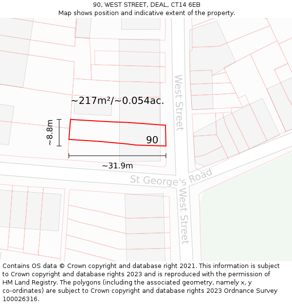 90, WEST STREET, DEAL, CT14 6EB: Plot and title map