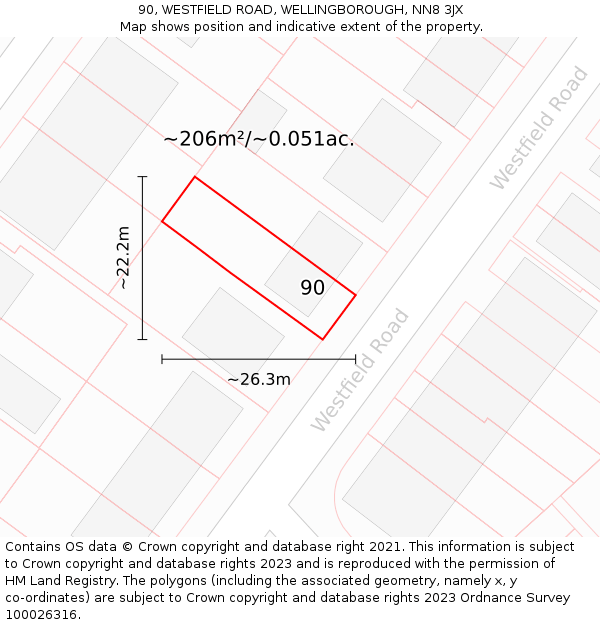 90, WESTFIELD ROAD, WELLINGBOROUGH, NN8 3JX: Plot and title map