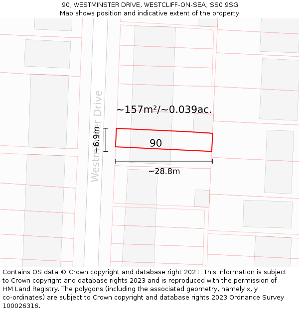 90, WESTMINSTER DRIVE, WESTCLIFF-ON-SEA, SS0 9SG: Plot and title map