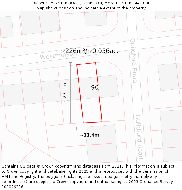 90, WESTMINSTER ROAD, URMSTON, MANCHESTER, M41 0RP: Plot and title map