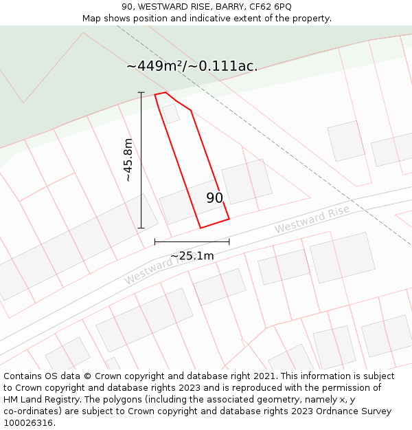 90, WESTWARD RISE, BARRY, CF62 6PQ: Plot and title map