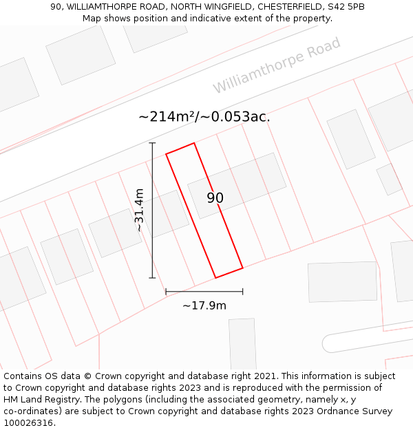 90, WILLIAMTHORPE ROAD, NORTH WINGFIELD, CHESTERFIELD, S42 5PB: Plot and title map