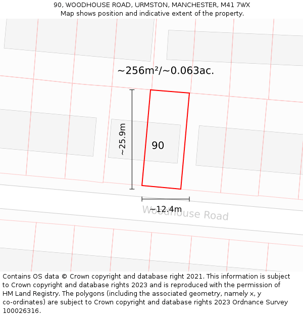 90, WOODHOUSE ROAD, URMSTON, MANCHESTER, M41 7WX: Plot and title map