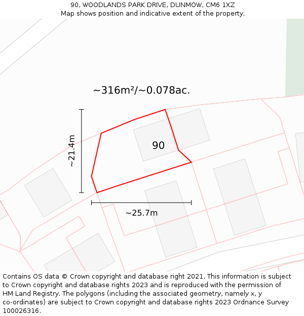 90, WOODLANDS PARK DRIVE, DUNMOW, CM6 1XZ: Plot and title map