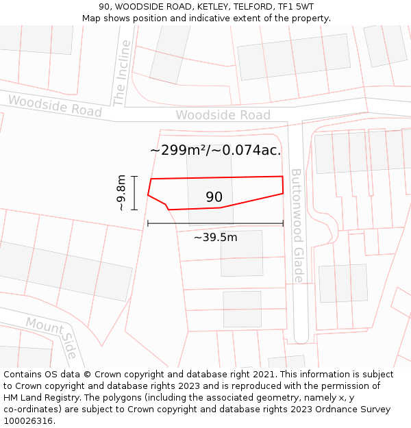 90, WOODSIDE ROAD, KETLEY, TELFORD, TF1 5WT: Plot and title map