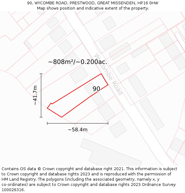 90, WYCOMBE ROAD, PRESTWOOD, GREAT MISSENDEN, HP16 0HW: Plot and title map