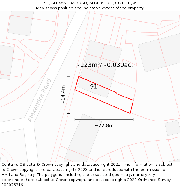 91, ALEXANDRA ROAD, ALDERSHOT, GU11 1QW: Plot and title map