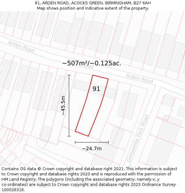 91, ARDEN ROAD, ACOCKS GREEN, BIRMINGHAM, B27 6AH: Plot and title map