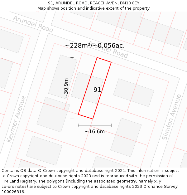 91, ARUNDEL ROAD, PEACEHAVEN, BN10 8EY: Plot and title map