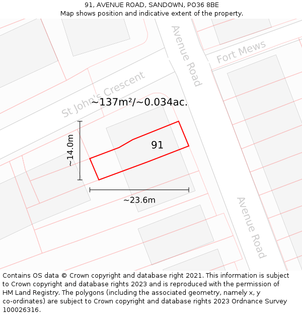 91, AVENUE ROAD, SANDOWN, PO36 8BE: Plot and title map