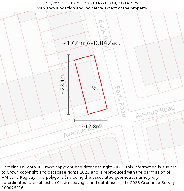 91, AVENUE ROAD, SOUTHAMPTON, SO14 6TW: Plot and title map