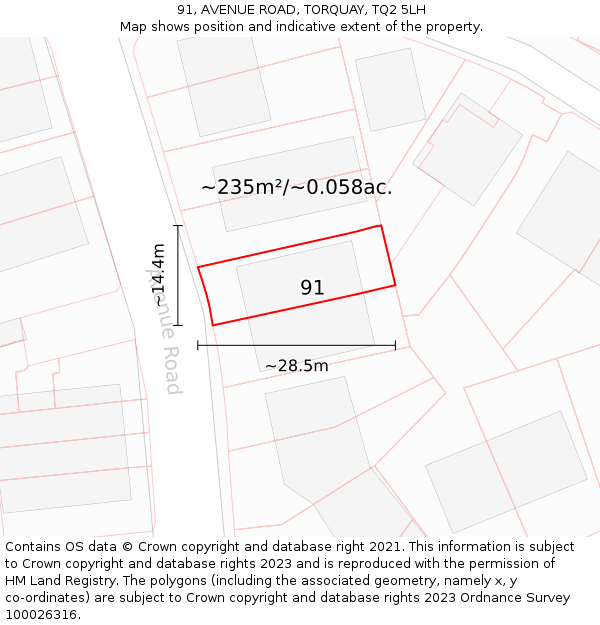 91, AVENUE ROAD, TORQUAY, TQ2 5LH: Plot and title map