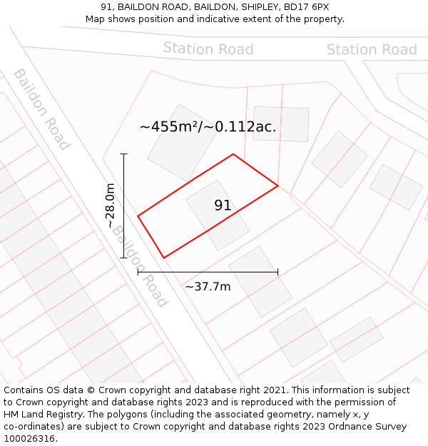 91, BAILDON ROAD, BAILDON, SHIPLEY, BD17 6PX: Plot and title map