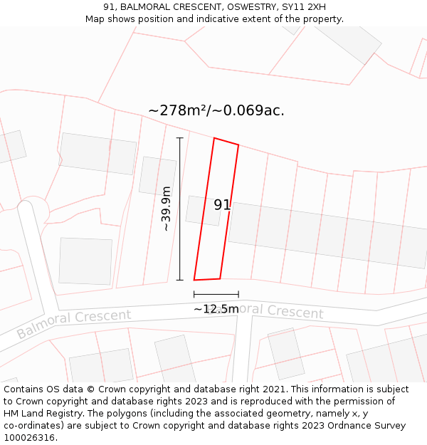 91, BALMORAL CRESCENT, OSWESTRY, SY11 2XH: Plot and title map