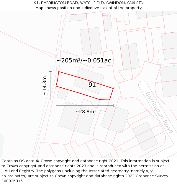 91, BARRINGTON ROAD, WATCHFIELD, SWINDON, SN6 8TN: Plot and title map