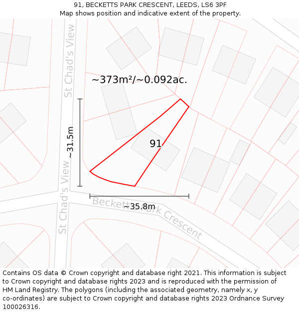 91, BECKETTS PARK CRESCENT, LEEDS, LS6 3PF: Plot and title map