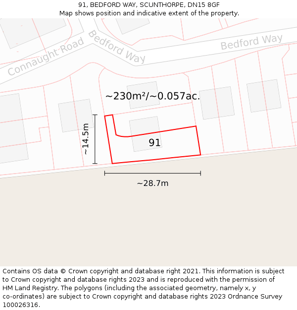 91, BEDFORD WAY, SCUNTHORPE, DN15 8GF: Plot and title map