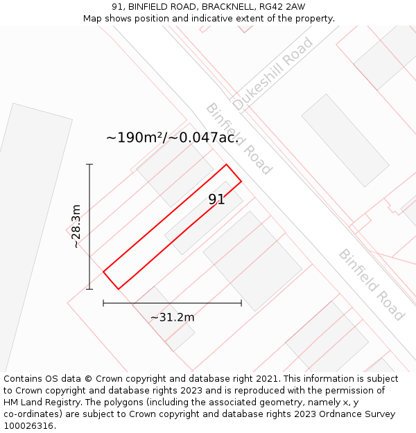 91, BINFIELD ROAD, BRACKNELL, RG42 2AW: Plot and title map