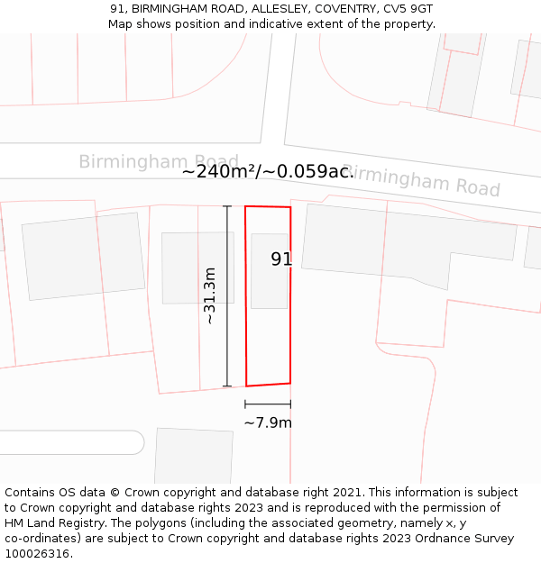 91, BIRMINGHAM ROAD, ALLESLEY, COVENTRY, CV5 9GT: Plot and title map